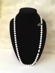 Vintage New Lucite Hand Knotted Japan White Beaded Necklace W Barrel Clasp 32”