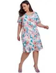 AUTOGRAPH - Plus Size - Womens Midi Dress - Blue - Summer Floral Shift Dresses - Tropical - Short Sleeve - Florals - Relaxed Fit - Women's Clothing