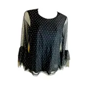 Nic + Zoe Black Sparkle Top Blouse Poet Sleeve Christmas New Years Size PP New