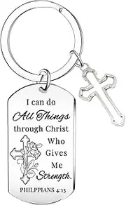 [MADHAHEFU] Christian Keyring Bible Verse Keyring Inspirational Keyring Gifts for Women Religious Gifts Keyring With Cross Pendant Baptism Gifts for Women Men Godson Goddaughter, Silver, One Size