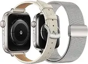 T Tersely 2PACK for Apple Watch Band Series 10,Ultra 9 8 7 6 5 4 3 2 1 SE 38mm 40mm 41mm 42mm 44mm 46mm 45mm 49mm Women and Men,Stainless Steel Mesh Loop Magnetic Clasp Replacement and Leather Strap for iWatch