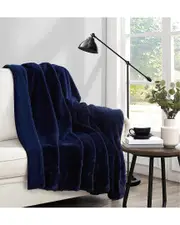 Vince Camuto Soft Faux Rabbit Fur Navy Throw In Gift Box