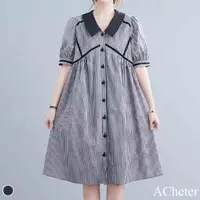 在飛比找momo購物網優惠-【ACheter】荷蘭風時尚拚色細格棉麻寬鬆洋裝#11004