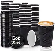 50 Pack 16oz Ripple Wall Paper Cups, Disposable Coffee Cups with Lids, to Go Paper Coffee Cups for Hot/Cold Beverages, Tea, Hot Chocolate, Juice. Ideal for Home, Restaurant, Store and Cafe