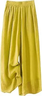 Wide Leg Linen Pants for Women Summer Elastic High Waist Pants Baggy Flowy Lightweight Casual Trousers Pockets 2025