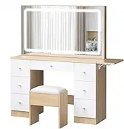 ALFORDSON Dressing Table Chair Set with Adjustable LED Mirror 140cm, Wood White Color, Dress Desk with Matching Stool, Makeup Vanity Desk with Flip-up Countertop