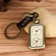 Old Fashion Rectangle Dual Time Zone Unisex Quartz Analog Pocket Watch Key Chain