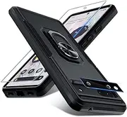[Janmitta] for Google Pixel 6a Case with Screen Protector+Camera Lens Protector,Heavy Duty Shockproof Full Body Phone Cover,Built in Metal Ring Holder Kickstand,2022 Black Matte