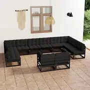 Patio Furniture Sets 12 Piece Garden Lounge Set with Cushions Black Solid Pinewood