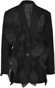 [Generic] Women's Long Sleeved Lapel Lace Ruffle Patchwork Suit Jacket, Loose Straight Office Suit Jacket