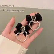 Heart Faux Pearl Bow Dangle Earrings 1 Pair - Silver Needle - White Faux Pearl - Black - One Size