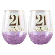 2PK Glitter 21st Celebration Stemless Wine Glass Purple 600ml Drinking Tumbler