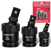 Impact Universal Joint-Socket Swivel Set: 3-Piece 1/2", 3/8", 1/4" Flexible S...