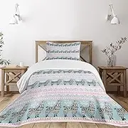Ambesonne Llama Bedspread Set, Horizontal Borders Patterned Alpaca Animal and Folkloric Ornaments, 3 Piece Decorative Bedding Coverlet and 2 Pillow Shams, Twin Size, Seafoam Pink