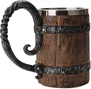 ZNZNANG Viking Wood Style Beer Mug,Wood Imitation Barrel Stainless Steel Beer Mug,Vintage Bar Handmade Wooden Beer Mug (Wooden Barrel Beer Mug 550ML)