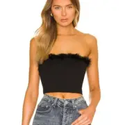 Superdown Olivia Strapless Top Sz XS Black Feather Sleeveless Crop
