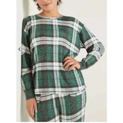 PINK by Victoria Secret Green Plaid Sleep Top Only M Gold Logo SOFT New w/tag