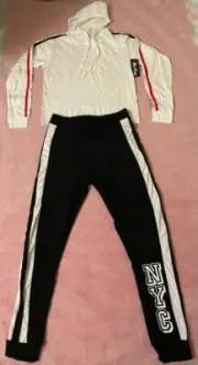 Womens Hooded Tee Striped Sleeve Size L W. NYC Side Striped Jogger Pants Size M