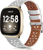 Soft Lace Leather Band Compatible with Fitbit Versa 3 / Sense Bands Women Men, Breathable Slim Hollow-out Sports Smart Replacement Band for Fitbit Versa 3 Smart Watch