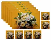 Flower Printed PVC Stain Resistant 6 Placemats with 6 Tea Coasters Set of 12 pcs