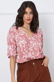 Print Wrap Top Short Sleeve - Size 14, Women's Wrap Front Top