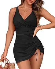 [Holipick] Women Tummy Control Swimdress One Piece Bathing Suit with Skirt Modest Swimsuit V Neck Drawstring Swimwear