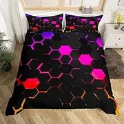 Honeycomb Children's Bed Linen Set S Size, 3D Red Neon Light Hexagon Duvet Cover Set Boys Girls Fashion Gaming Comforter Cover Teens Modern Geometry Quilt Cover with 1 Pillowcase, Black