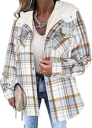 [Generic] Women's Fleece Plaid Jacket Winter Warm Coat Casual Fuzzy Shackets Plush Button Down Jackets Sherpa Hooded Outwear