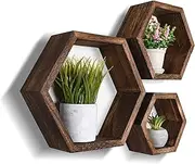 Set of 3 Pine Wood Hexagon Shelves for Wall Decor - Farmhouse Honeycomb Shelves for Living Room Decor, Kitchen Storage, Wall Mount Rustic Boho Shelves