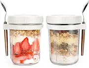 UKKQES Overnight Oats Jars with Spoon and Lid 16 oz （350ml）[2 Pack], Airtight Oatmeal Container with Measurement Marks, Mason Jars with Lid for Cereal On The Go Container (2pcs white)