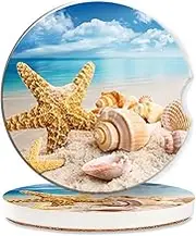 Beach Starfish Shells Car Coasters for Women 2 Pack,Blue Ocean Absorbent Car Coasters for Cup Holders Insert Ceramic Anti Slip with Finger Notch & Cork Base Auto Accessories Gifts