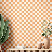 [Drydiet] Retro Checkerboard Peel and Stick Wallpaper - 70s Checkered Removable Wall Paper for Bathroom Cabinet Shelf (Orange, 9.8' X 15.75'')