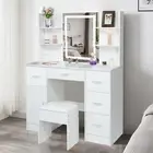 White Dressing Table Stool with LED Mirror 5 Drawers Makeup Vanity Desk Cabinet