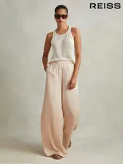 Reiss Champagne Yara Satin Elasticated Waist Wide Leg Trousers (980294) | $240