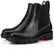 Christian Louboutin Out Lina Spike Lug Flat Black Calf Chelsea Ankle Boot 37.5