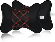 DS. Distinctive Style Car Neck Pillow 2 Pieces PU Leather Travel Pillow for Head Rest Neck Support for Car Seat (Black and Red with Buckle)