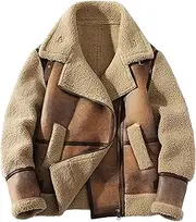 [Qolkmuiy-GJ] Men's Vintage Lamb Wool Bomber Coat Faux PU Sherpa Fleece Lined Jackets Heavyweight Lapel Suede Trench Coat, Coffee, Large
