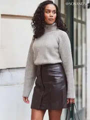 Sosandar Grey Mocha Grey Stitch Detail Roll Neck Jumper (277455) | $136