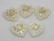 50 Ivory Acrylic Pearl Flatback Heart Cabochons with Sparkling Gold Flower 18mm
