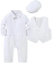 [WESIDOM] Baby Boy Suit Outfits Set 3pcs,Infant Tuxedo Long Sleeve Gentleman Wedding Jumpsuit & Vest Coat & Beret Hat