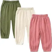 [GFQLONG] Toddler Baby Girls 3 Pack Elastic Waist Pants Soft Cotton Linen Harem Bloomers Summer Fall Long Pants