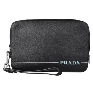 【PRADA 普拉達】PRADA SAFFIANO藍字壓印LOGO防刮牛皮拉鍊手拿包(黑)