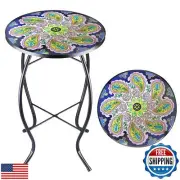Arbuxzuy 14 Inch Small Outdoor Side Table with Purple Flower, Glass Mosaic Pa