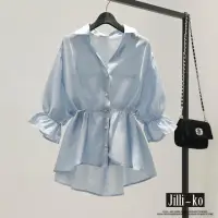 在飛比找momo購物網優惠-【JILLI-KO】氣質雪紡荷葉邊繫帶束腰娃娃襯衫-F(淺藍