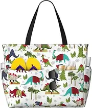 [Ghjkfbf] Colorful Dinosaurs Print Large Capacity Beach Travel Bag For Family, Beach Tote Bag For Women With Zipper Pockets, Black, One Size