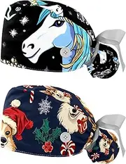 [YTYVAGT] 2-Pc,Nurse Scrub Caps,Scrub Hats with Buttons and Cotton Sweatband,Unicorn Blue Background