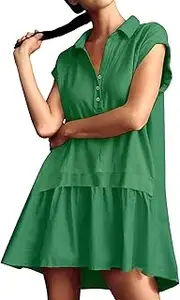 [Generic] Women's Summer Short Sleeve Sweatshirt Dress Button Front Patchwork Mini Dress Lapel Loose Tunic Sundresses