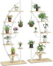 Costway 6-Tier Tall Metal Plant Stand Rack, Curved Half Moon Shape Ladder Planter Shelf W/Top Hook, Anti-Toppling Device, Modern Flower Pot Holder, Metal Flower Shelf for Balcony (White-2PCS)