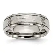 Chisel Titanium Polished and Hammered 7mm Grooved Edge Band - Ring Size 8.5