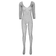 Women Hollow Out Fishnet Bodysuit Sexy Hot Lingerie Long Sleeves Open Crotch Closed Toes Stretchy Full Body Stocking Pantyhose Black